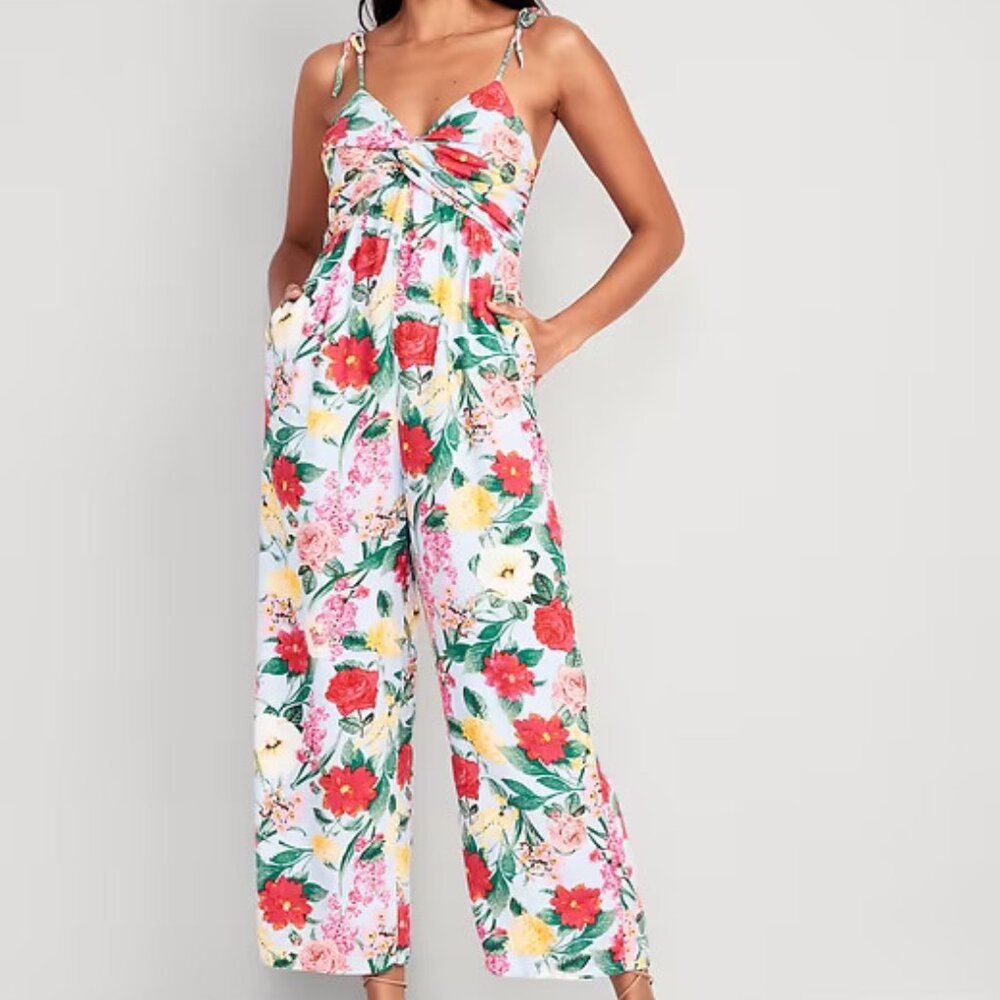 Old Navy Tie-Shoulder Cropped Twist-Front Smocked Jumpsuit L Floral